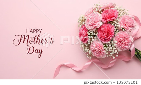 Mother's Day image of red carnations and ribbons on a pink background 135075101