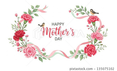 Mother's Day image of red carnations and ribbons on a pink background 135075102