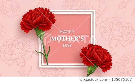 Mother's Day image of red carnations and ribbons on a pink background Mother's Day image of red carnations and ribbons on a pink background 135075107