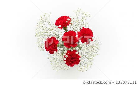 Mother's Day image of red carnations and ribbons on a pink background 135075111