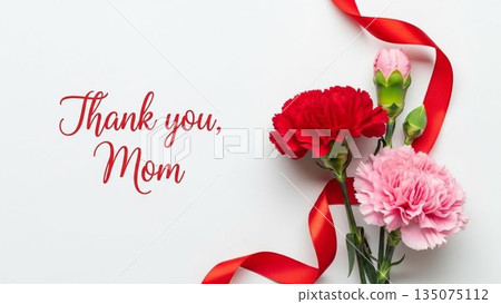 Mother's Day image of red carnations and ribbons on a pink background 135075112