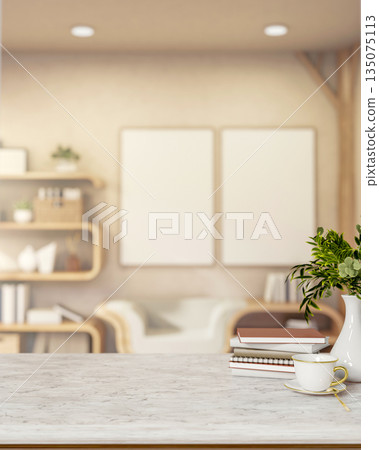 Coffee in ceramic cup and plant pot vase on marble table across sofa and bookshelf in a living room. Coffee in ceramic cup and plant pot vase on marble table across sofa and bookshelf in a living room. 135075113