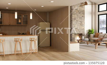 Kitchen counter and fridge aside living room with sofa table and bricks fireplace on wooden floor. 135075120