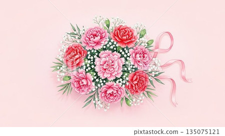 Mother's Day image of red carnations and ribbons on a pink background 135075121