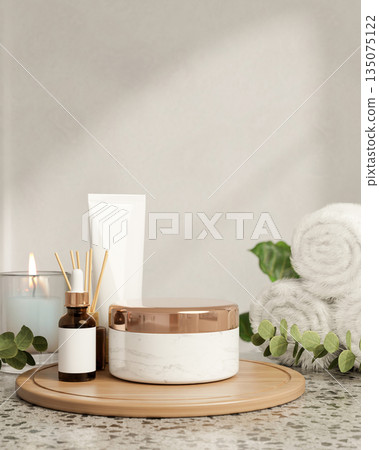 Blank cream jar and dropper bottle aside tube on wooden tray with towels and candle at stone table. 135075122