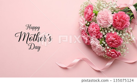Mother's Day image of red carnations and ribbons on a pink background 135075124