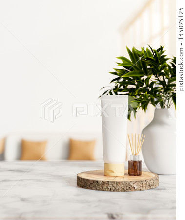 Woman skincare blank label lotion tube and aroma diffuser on wooden log tray at luxury marble table. Woman skincare blank label lotion tube and aroma diffuser on wooden log tray at luxury marble table. 135075125