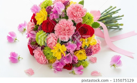 Mother's Day image of red carnations and ribbons on a pink background 135075129