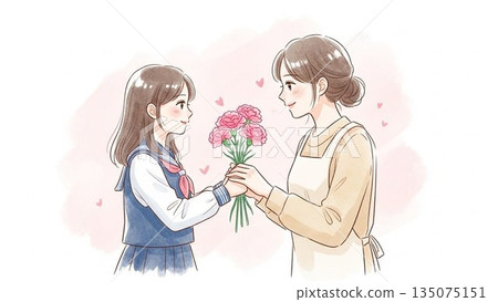 A smiling Mother's Day scene of a mother and daughter handing over a bouquet 135075151