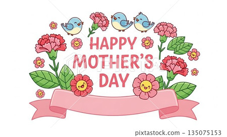Mother's Day image of red carnations and ribbons on a pink background 135075153