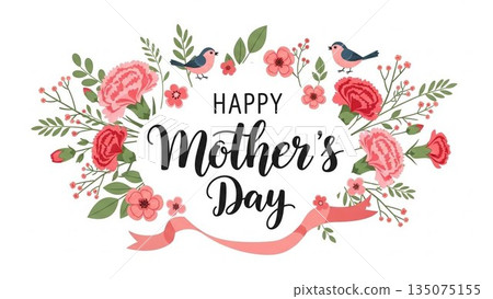 Mother's Day image of red carnations and ribbons on a pink background Mother's Day image of red carnations and ribbons on a pink background 135075155
