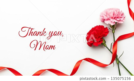 Mother's Day image of red carnations and ribbons on a pink background Mother's Day image of red carnations and ribbons on a pink background 135075156