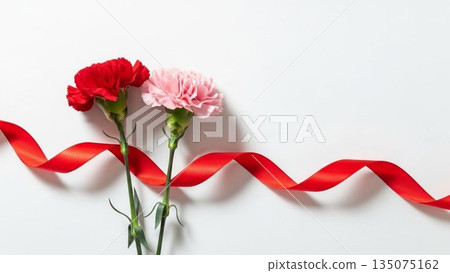 Mother's Day image of red carnations and ribbons on a pink background 135075162