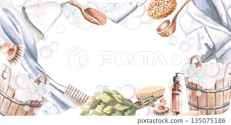 A rectangular frame with buckets of foam, a towel, a broom, and washcloths. Isolated watercolor illustration for print design for spas, saunas, and bathhouses. 135075186
