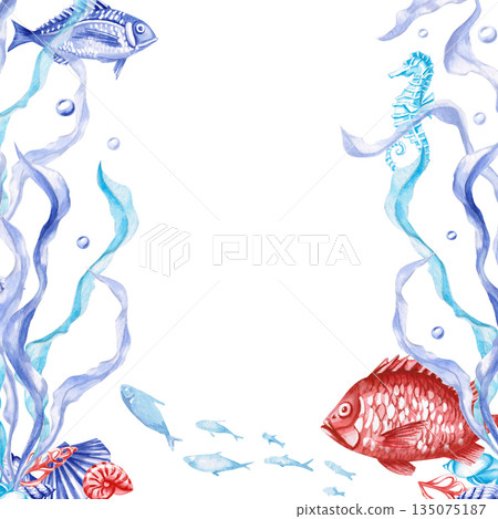 An underwater scene with fish. A watercolor illustration of the seabed for interior design, children's parties, and poster printing. An underwater scene with fish. A watercolor illustration of the seabed for interior design, children's parties, and poster printing. 135075187