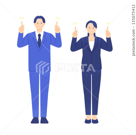 A business person introducing himself by pointing at the blank space above. A full-body illustration of a man and woman pointing. 135075412