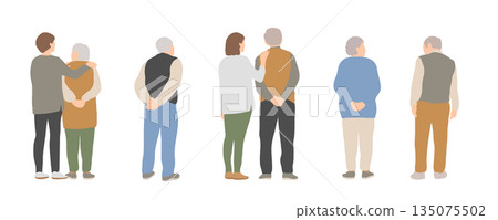 Independent senior back view illustration set: Daily life and supervision Independent senior back view illustration set: Daily life and supervision 135075502