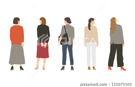 Illustration set of female workers from behind, standing Illustration set of female workers from behind, standing 135075503