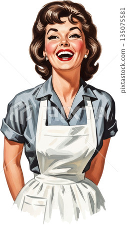 復古家庭主婦插畫：一位微笑的女性 135075581
