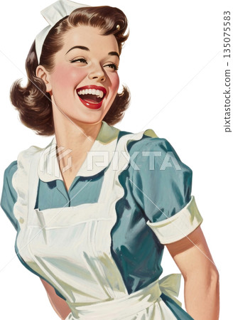 復古家庭主婦插畫：一位微笑的女性 135075583