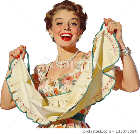 復古家庭主婦插畫：一位微笑的女性 135075584