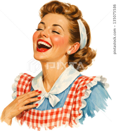 復古家庭主婦插畫：一位微笑的女性 135075586