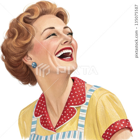 復古家庭主婦插畫：一位微笑的女性 135075587
