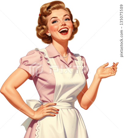 復古家庭主婦插畫：一位微笑的女性 135075589