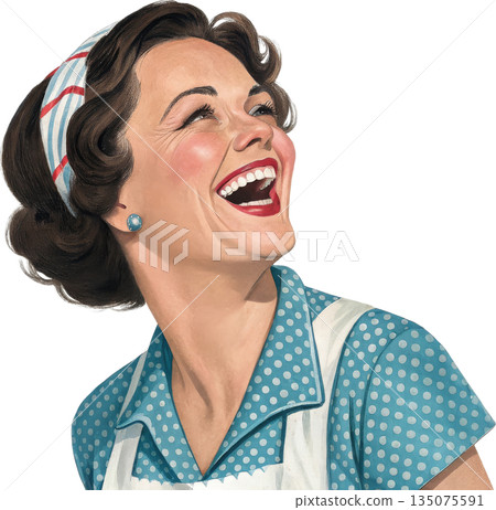 復古家庭主婦插畫:一位微笑的女性 復古家庭主婦插畫:一位微笑的女性 135075591