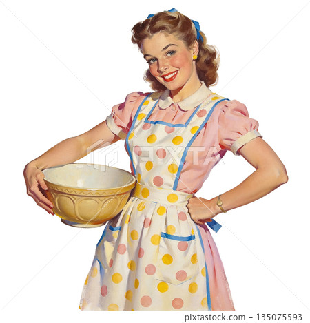 復古家庭主婦插畫:一位微笑的女性 復古家庭主婦插畫:一位微笑的女性 135075593
