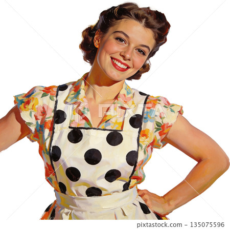 復古家庭主婦插畫：一位微笑的女性 135075596