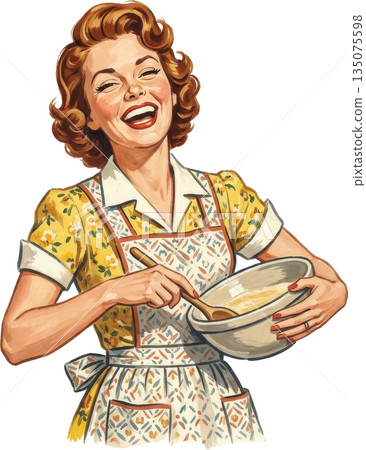 復古家庭主婦插畫：一位微笑的女性 135075598