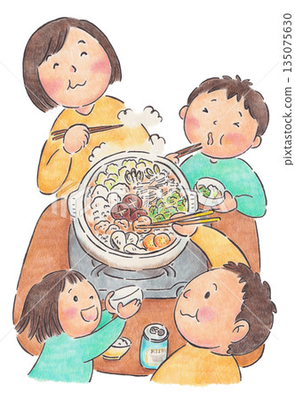 手繪插圖,描繪了一棟被火鍋包圍的房子 手繪插圖,描繪了一棟被火鍋包圍的房子 135075630