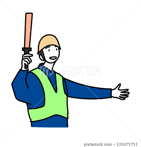 圖:一名男性建築工人用緊急照明指示行進方向 圖:一名男性建築工人用緊急照明指示行進方向 135075751
