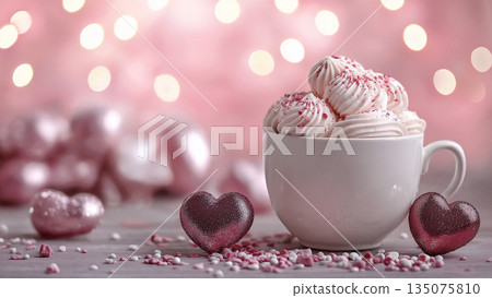 A cup of whipped cream with lots of heart-shaped chips scattered all over it 135075810