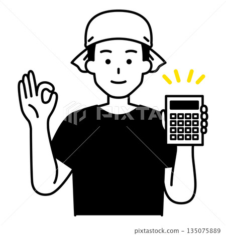 一位居酒屋男服務生拿著計算器，比劃著「OK」手勢 135075889