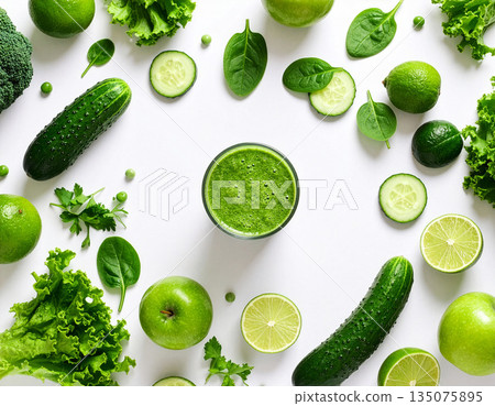 Direct overhead view of a healthy green smoothie in a glass surrounded by fresh vegetables on a white table, sunlight 135075895