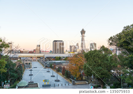 View to the west from Tennoji Park early in the morning in December 135075933