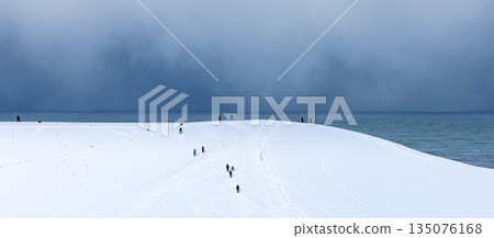 冬日鳥取沙丘的景色,天空陰沉,白雪皚皚。 冬日鳥取沙丘的景色,天空陰沉,白雪皚皚。 135076168