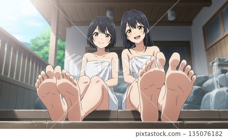 兩名女子在露天浴池中放鬆身心 135076182