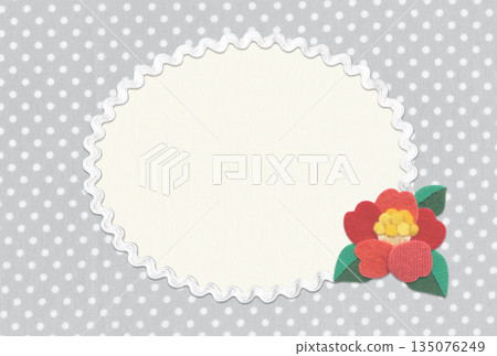 Modern Japanese camellia appliqué and polka dot frame / horizontal, light gray 135076249
