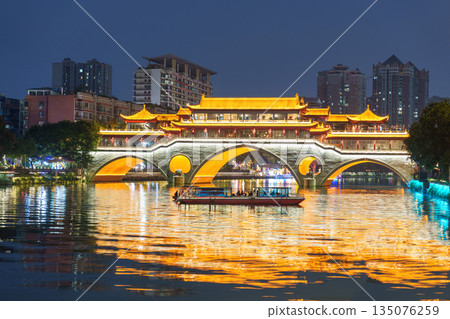 Beautiful Anshun Bridge, Bridge of the Peaceful and Fluent is a bridge in Chengdu, Sichuan, China. It crosses the Jin River. Landmark and popular for tourists attractions Beautiful Anshun Bridge, Bridge of the Peaceful and Fluent is a bridge in Chengdu, Sichuan, China. It crosses the Jin River. Landmark and popular for tourists attractions 135076259