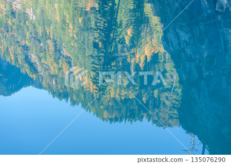 Scenery Jiuzhaigou national park in Sichuan, China. Beautiful of Panda Lake in Autumn season. Famous Landmark and Vacation near Chengdu, China. Asia travel concept Scenery Jiuzhaigou national park in Sichuan, China. Beautiful of Panda Lake in Autumn season. Famous Landmark and Vacation near Chengdu, China. Asia travel concept 135076290