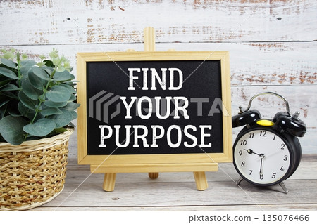 Find Your Purpose text written on blackboard with alarm clock on wooden background 135076466