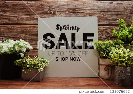 Hello Spring Sale 15% off Promotion Offer Discount Retail Shopping Concept 135076632