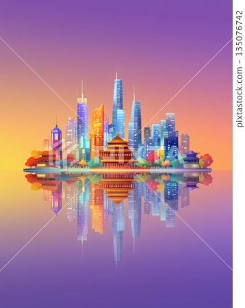 卡通城市天際線背景圖 135076742