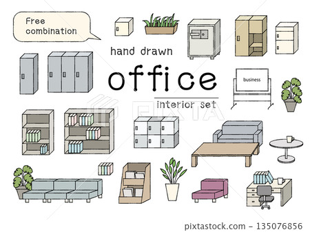 A set of rearrangeable line drawing office interior illustrations 135076856