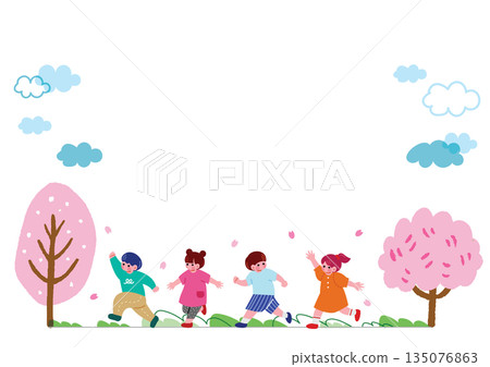 兒童在櫻花樹下玩耍的插圖 兒童在櫻花樹下玩耍的插圖 135076863