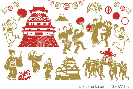 Japanese festival design material set: illustrations of castles, portable shrines, Bon Odori dances, and lanterns in a print style (vector) 135077162