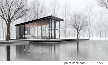 Glass building floating on the lake 135077279